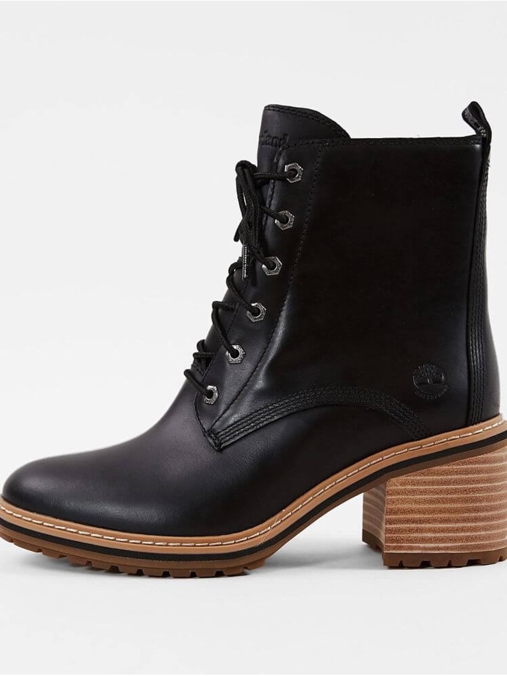 Timberland Black Leather Lace-Up Block Heel Boots